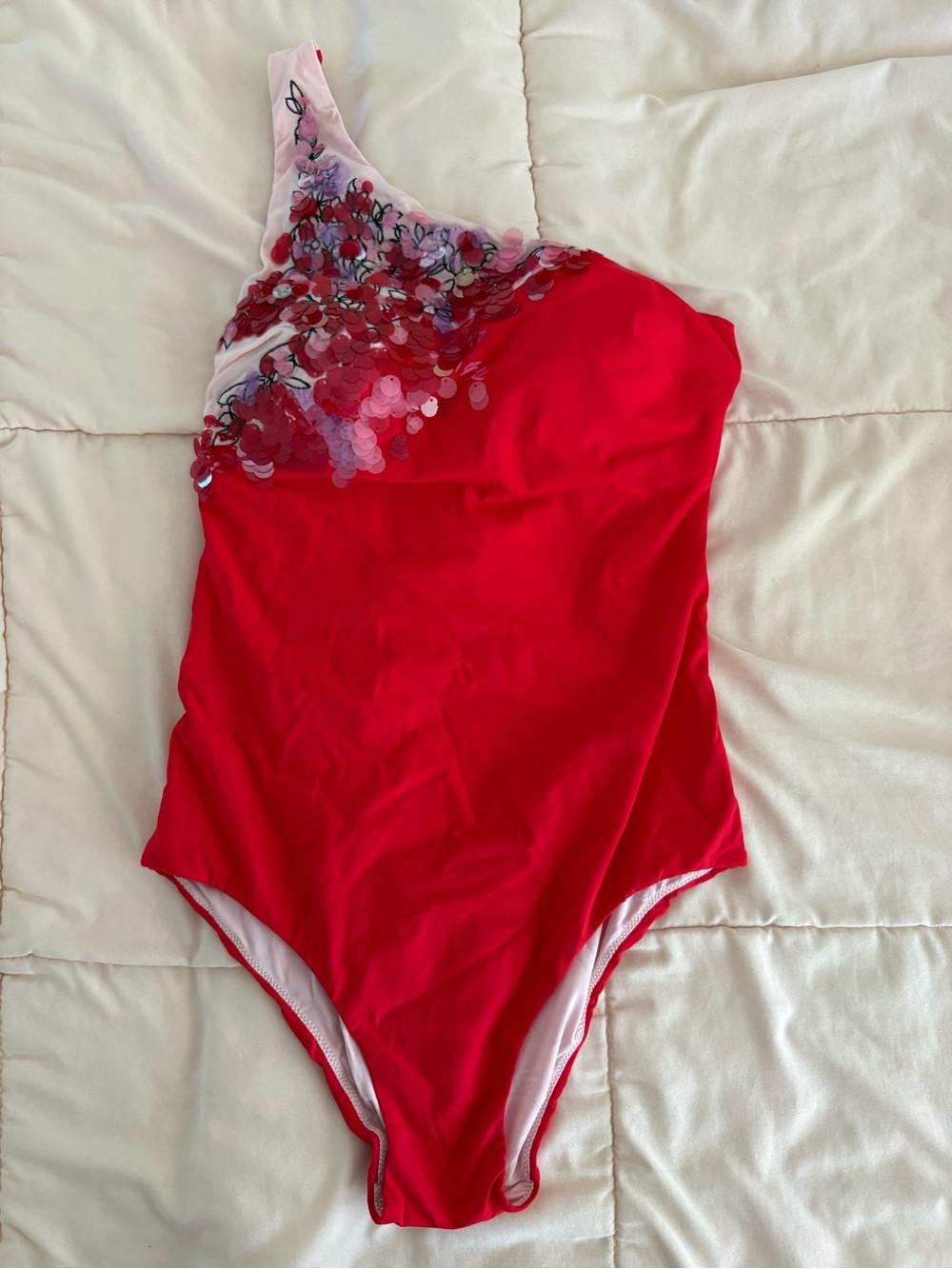 La Perla Red One-Shoulder Sequin Embellished One-Piece